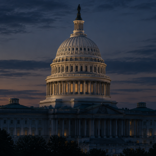 U.S. Capitol dome at dusk.