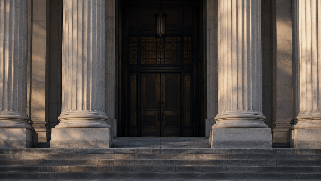 Stone courthouse columns framing a shadowed entrance.