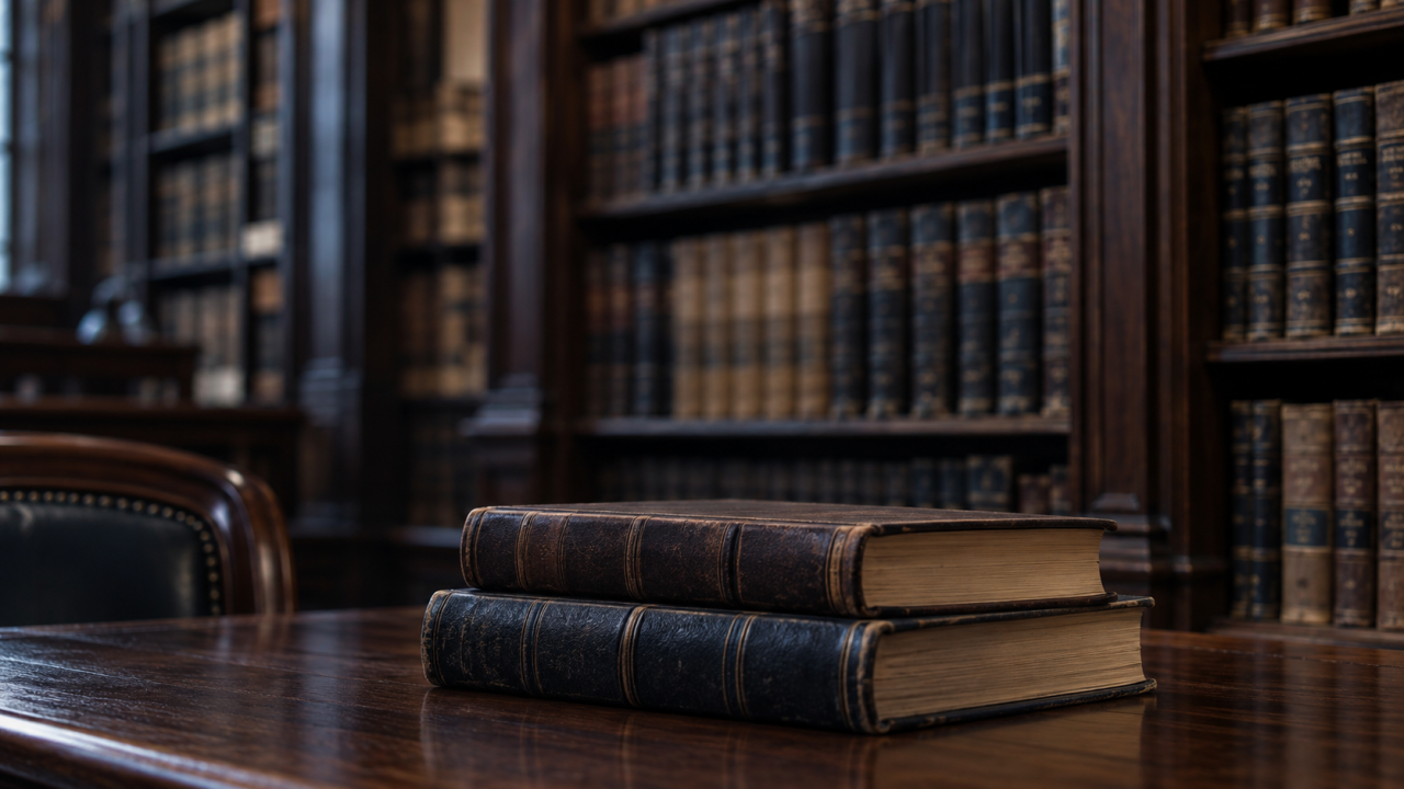 Closed legal volumes in a quiet law library.